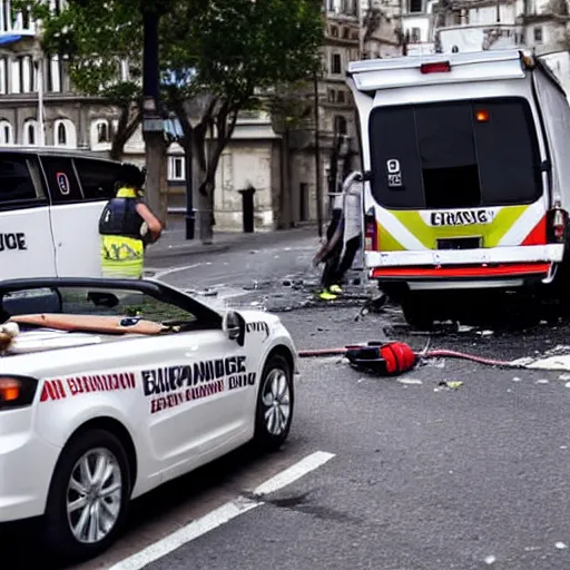 Prompt: a convertible car hit by an ambulance with the flashing light on at an intersection in a european city