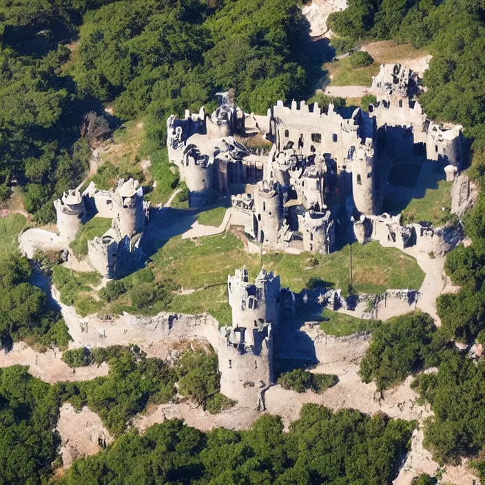 Image similar to aerial view of a punisher fortress from above on a hill by the ocean. castle shaped shaped exactly like the punisher symbol detailed