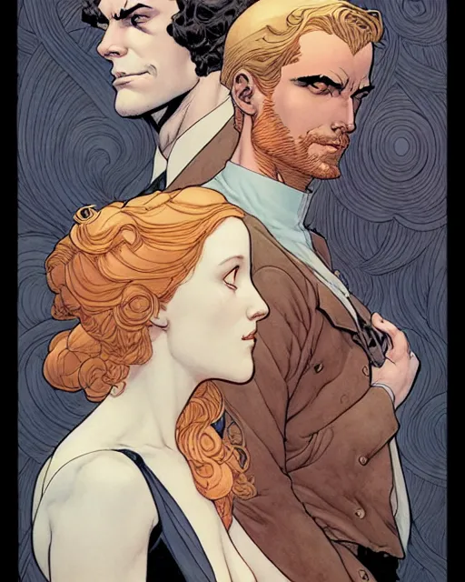 Image similar to a handsome man and a beautiful woman back to back artwork by james jean, Phil noto and rebecca guay