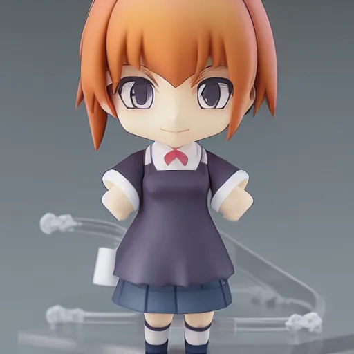 Image similar to character face portrait of a singular kawaii chibi in the sytle of kyoto animation, in simple background, nendoroid eyes, blender, toon rendering