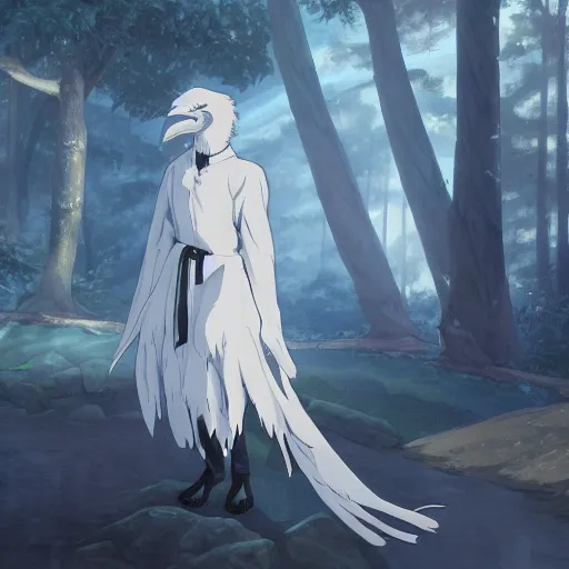 Image similar to concept art painting of an anthropomorphic anime style white raven wearing dark blue robes, in the deep forest, realistic, detailed, cel shaded, in the style of makoto shinkai and greg rutkowski and james gurney