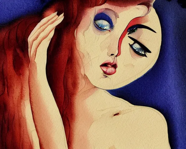 Image similar to a very unique stylize watercolor painting. 3 / 4, medium shot. a straight and long nose, and huge prominent eyes. she is looking at the mirror and crying to the sun. old photograph. sharp image. fellini style. highly detailed, color harmony, art station, ornate, lynch style. old photography