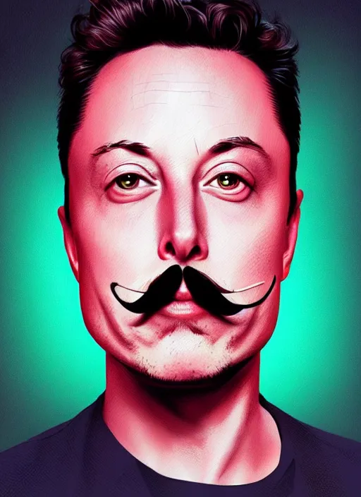 Image similar to symmetry!! portrait of elon musk with a salvador dali moustache intricate, neon lights, highly detailed, digital painting, artstation, concept art, smooth, sharp focus, illustration, art by artgerm and greg rutkowski