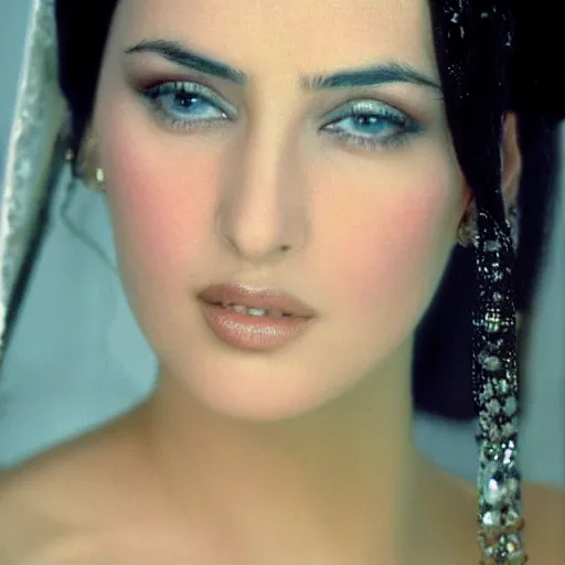 Image similar to young arab Monica Bellucci, blue eyes, long wavy black hair, white veil, closeup, focus, light makeup