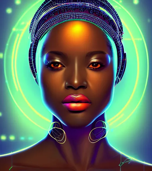 Image similar to symmetry!! african princess of technology, solid cube of light, hard edges, product render retro - futuristic poster scifi, lasers and neon circuits, beautiful dark skin african princess, intricate, elegant, highly detailed, digital painting, artstation, concept art, smooth, sharp focus, illustration, dreamlike, art by artgerm