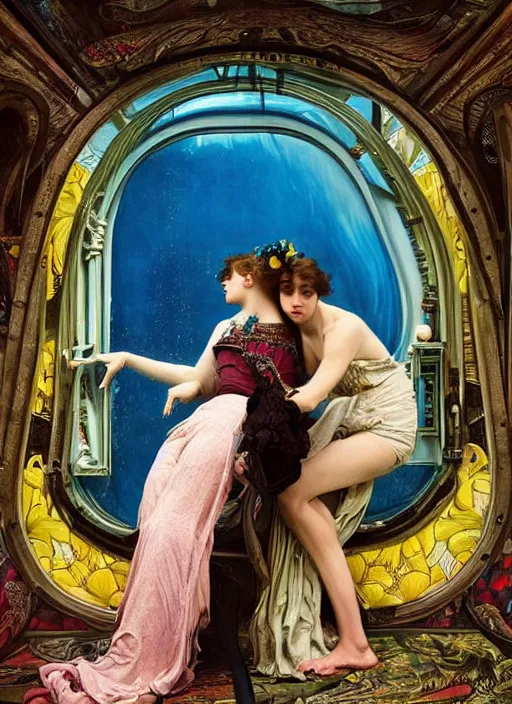 Prompt: detailed colourful masterpiece of art nouveau photography by anne leibovitz couple portrait sat down extreme closeup, love, inside an underwater train, detailed realistic expressions, wearing unusual clothes, by william powell frith frederic leighton and john william waterhouse, ultra wide angle