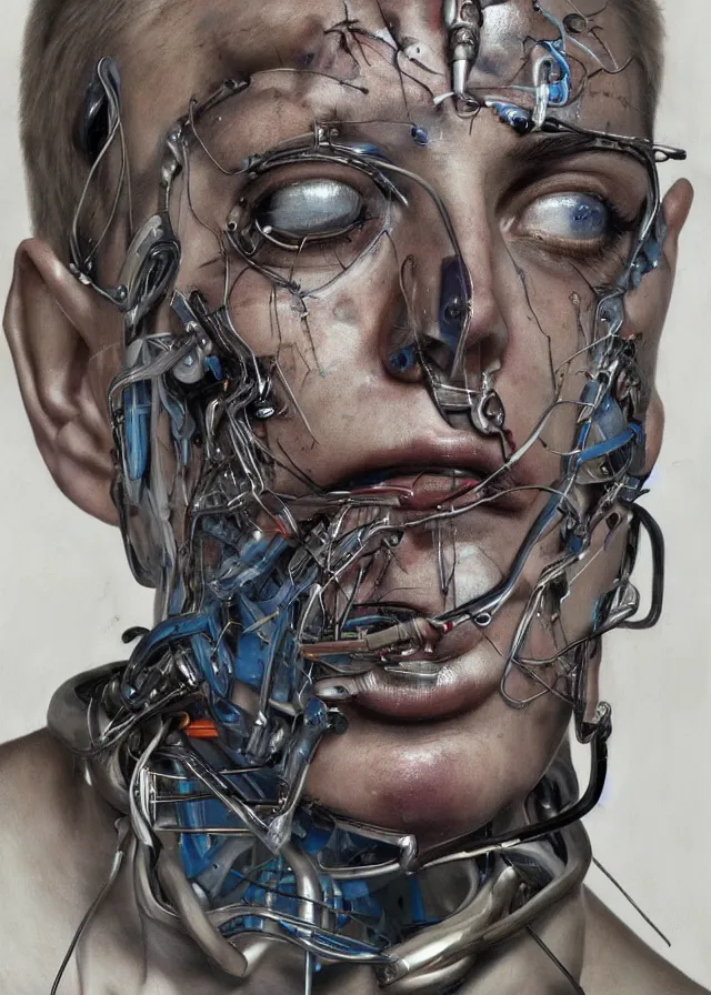 Image similar to cybernetic implants on face, metal jaw, usb port on forehead, portrait by jenny saville