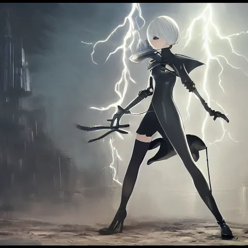 Prompt: a painting of 2 b nier automata. by randolph hewton and edward robert hughes. trending on artstation, highly detailed, volumetric lightning, cinematic lightning