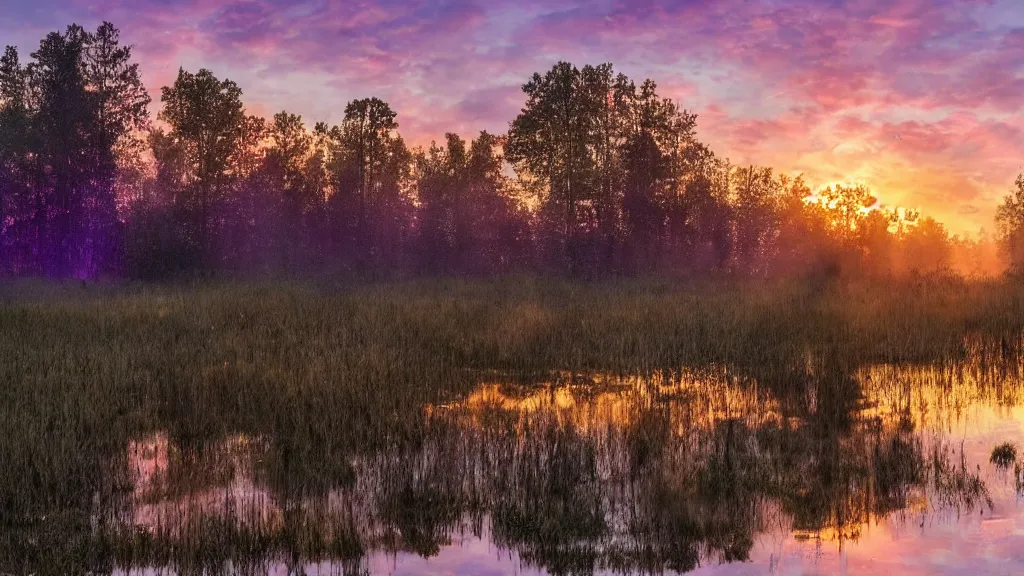 Prompt: abandoned huge building, puddles of water, mushrooms, sunrise, purple glow, by greg rutkowsky and ivan shishkin,