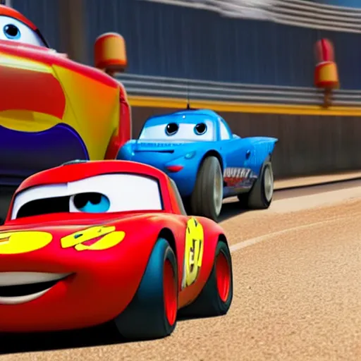 Image similar to dash parr from incredibles 2004 racing with lightning mcqueen