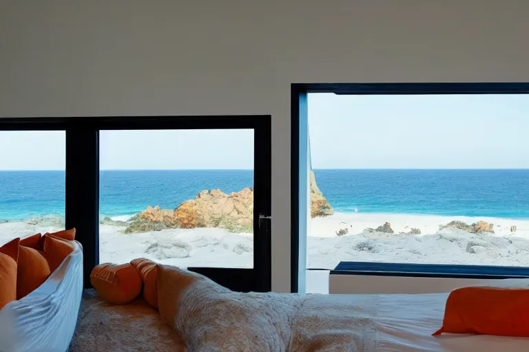 Prompt: a room of a villa with orange walls white floor plants, colorful aquarium, a big window with a view of the beach and sea, beautiful cinematic masterpiece very detailed
