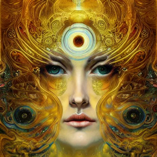 Image similar to Divine Chaos Engine by Karol Bak, Jean Deville, Gustav Klimt, and Vincent Van Gogh, beautiful visionary mystical portrait, sacred, otherworldly, fractal structures, ornate gilded medieval icon, third eye, spirals