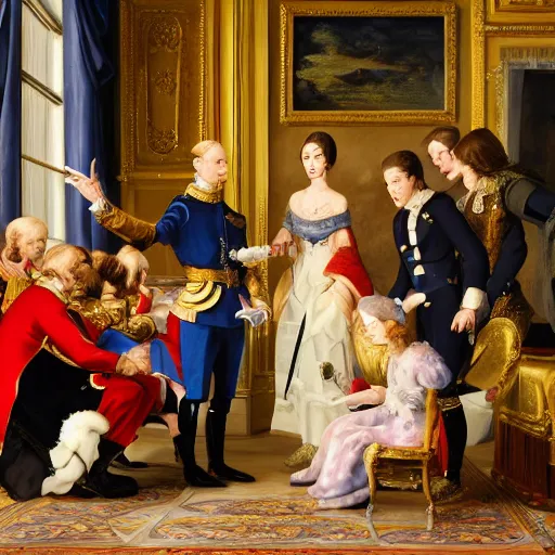 Image similar to royal family during an argument, hyper realistic painting, ultra detailed, exaggerated expressions, dynamic light, atmosphere