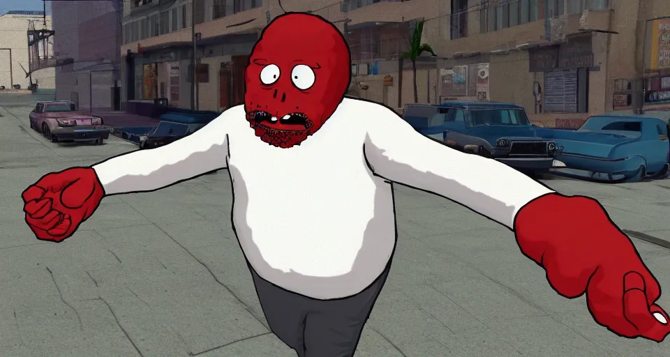 Image similar to Screenshot of Meatwad from Aqua Teen Hunger Force as a 3d NPC in the videogame 'Grand Theft Auto V'. Sharpened. 1080p. High-res. Ultra graphical settings.