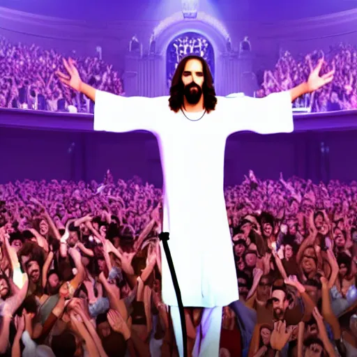 Prompt: jesus christ with a microphone rapping on a podium to a crowd of people, 4 k image, hd, high res, unreal engine, medieval