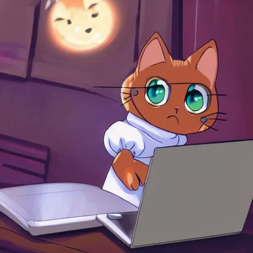 Prompt: a cat using a laptop, looking at memes, high quality anime concept art, digital art, 4k