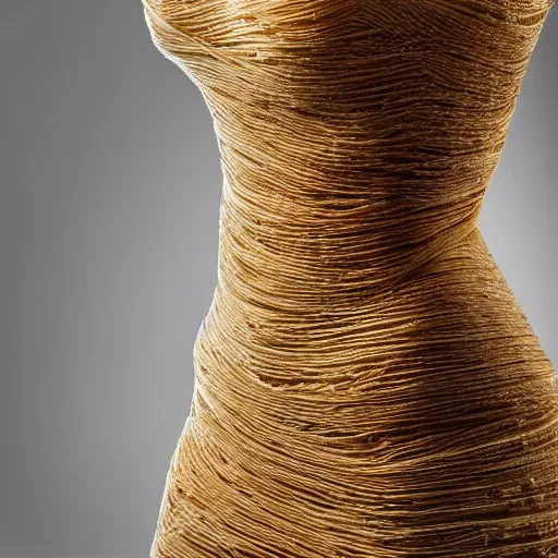 Image similar to a beautiful dress made out of noodles, on a mannequin. high quality, high resolution, studio lighting