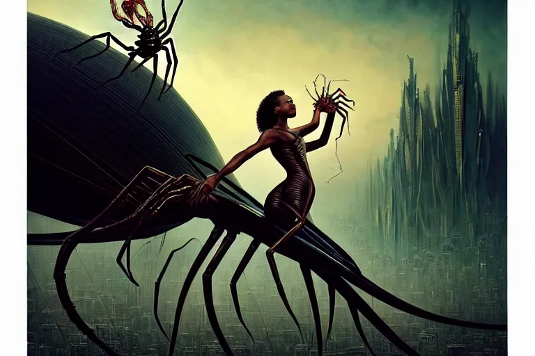 Image similar to realistic detailed portrait movie shot of a beautiful black woman riding a giant spider, dystopian city landscape background by denis villeneuve, amano, yves tanguy, alphonse mucha, max ernst, ernst haeckel, kehinde wiley, caravaggio, david lynch, roger dean, cyber necklace, rich moody colours, sci fi patterns, dramatic, wide angle