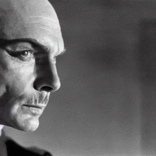 Prompt: a cinematic still of a disembodied head of Yul Brynner judging and scowling at the village that lives on the land below him