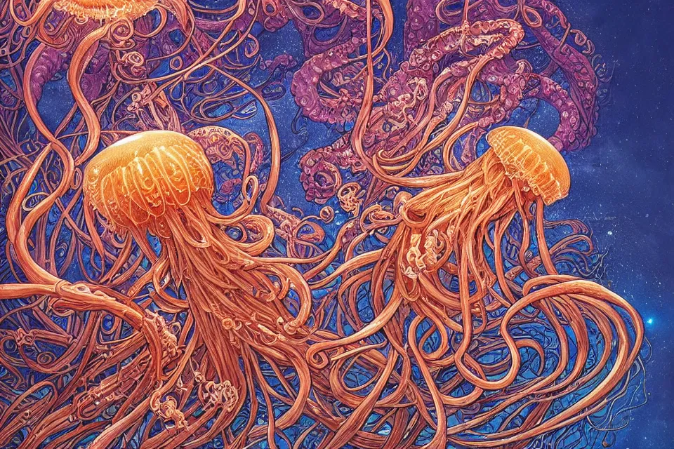 Image similar to a beautiful hyperrealistic ultradetailed comic cover art of gigantic glowing complex multi-layered intricate jellyfish creatures with long flowing tendrils, by Justin Gerard and Laurie Greasley and Peter Mohrbacher and Dan Mumford, tarot card art, detailed shading, micro details, dramatic lighting, volumetric lighting, 8k