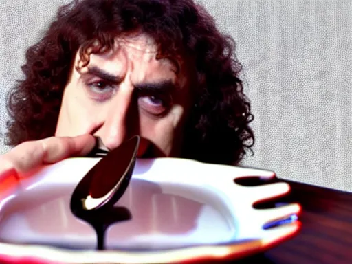 Image similar to weird al sentimentally looking at a spoon on a table