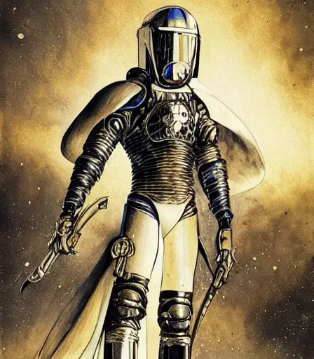 Prompt: Knights Templar wearing space power suit concept art, pen and ink, intricate line drawings, by John Harris, Emil Melmoth, Craig Mullins, yoji shinkawa, artstation, moebius comic, Marc Simonetti, lan McQue, Kentaro, Miura, hyper detailed, cinematic