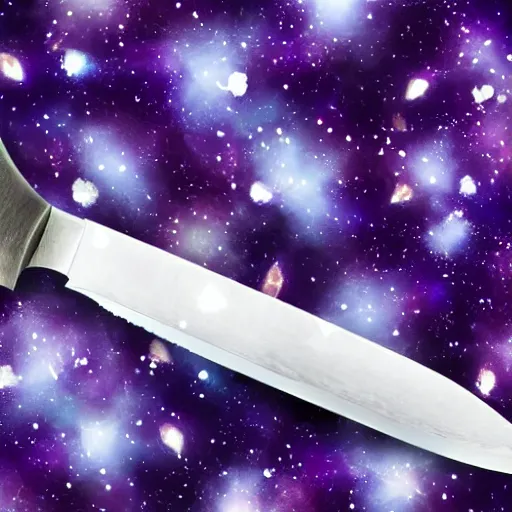 Prompt: extreme close - up of knife cutting grape and spilling galaxy and stars out of it