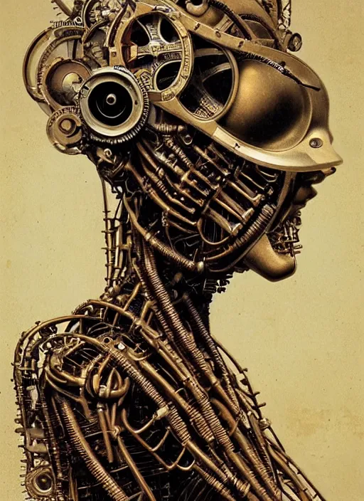 Prompt: portrait of a steampunk robot woman in 1800s by Peter Gric, biomechanical, hyper detailled, trending on artstation