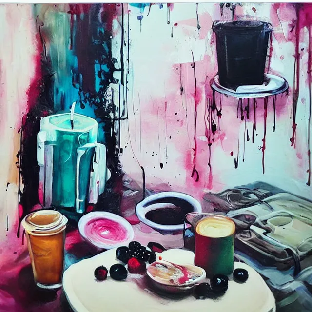 Image similar to “ sensual, a portrait in a female art student ’ s apartment, pancakes, iced latte, berries, art supplies, a candle dripping white wax, berry juice drips, neo - expressionism, surrealism, acrylic and spray paint and oilstick on canvas ”