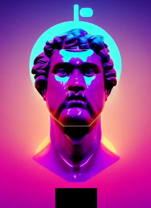 Prompt: bust of hercules, beeple, james gilleard, vaporwave, retrowave, black background, neon wiring, black, glitch, strong contrast, cuts, pinterest, trending on artstation