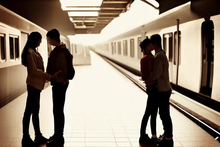 Prompt: vfx movie closeup couple in a train station flat color profile low - key lighting award winning photography cinematography, beautiful natural skin, atmospheric cool color - grade