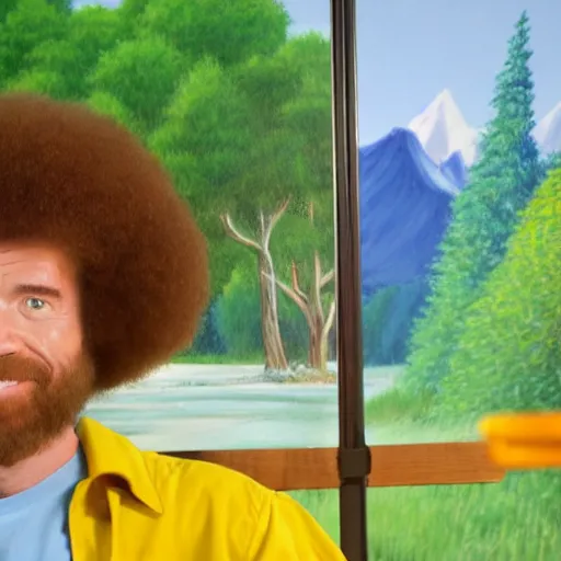 Image similar to a closeup photorealistic photograph of bob ross working on a canvas painting of bart simpson. film still. brightly lit scene. mountains and trees. this 4 k hd image is trending on artstation, featured on behance, well - rendered, extra crisp, features intricate detail, epic composition and the style of unreal engine.