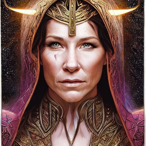 Prompt: evangeline Lilly as a priestess performing a miracle, symmetrical, smooth, sharp focus, art by magali villeneuve, concept art