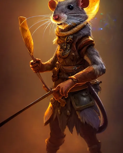 Image similar to closeup 2 8 mm anthropomorphic scout rat using a bow in a castle, d & d, fantasy, intricate, action pose, particle effects, highly detailed, digital painting, artstation, concept art, matte, sharp focus, volumetric lighting, illustration, hearthstone, art by artgerm, wlop, craig mullins, alphonse mucha