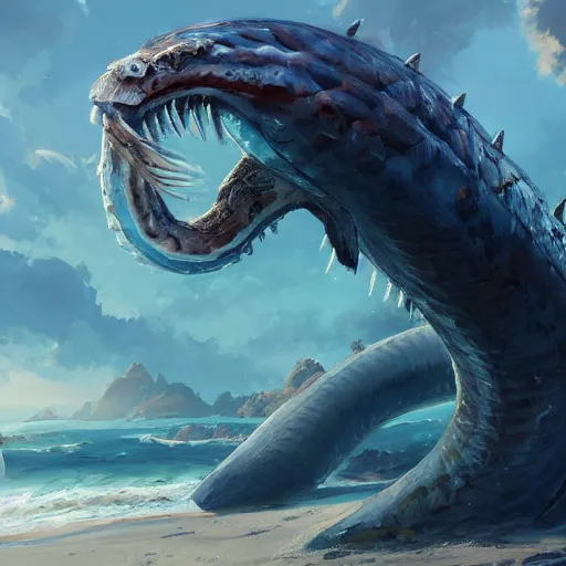 Prompt: a dying beached sea serpent washing up on the shore of a beach concept art by jaime jones, cgsociety, fantasy art, concept art, artstation hd, deviantart hd. masterpiece