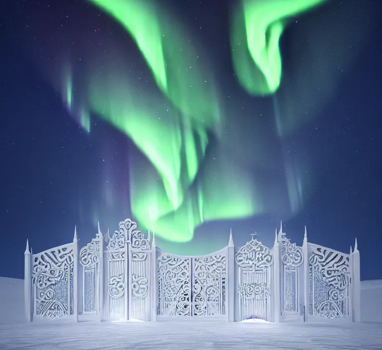 Prompt: a very detailed concept art of intricate and scandinavian white gates to aurora borealis, trending on artstation, symmetry, digital art, 4 k, hyper realistic, octane render, sharp focus