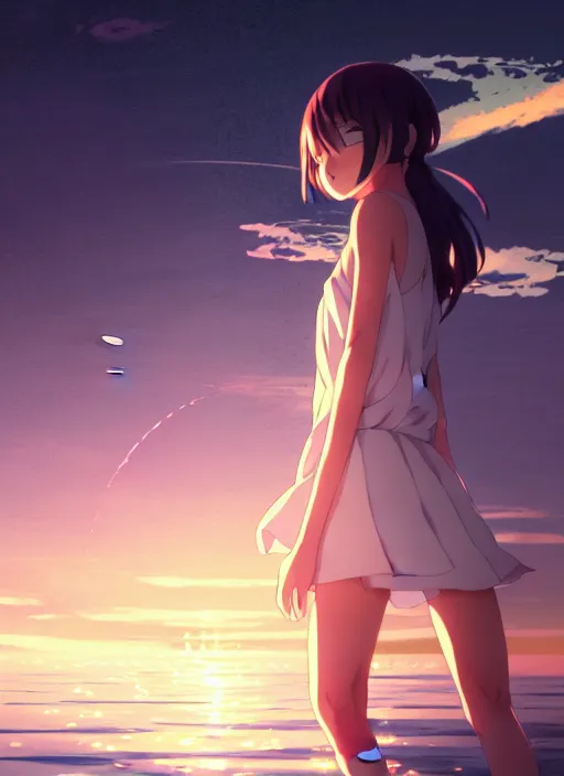 Prompt: anime girl walking on water, ripples, backdrop of dawn, saturn in the background, illustration, concept art, anime, key visual, trending pixiv fanbox by wlop and greg rutkowski and makoto shinkai and mamoru hosada and studio ghibli