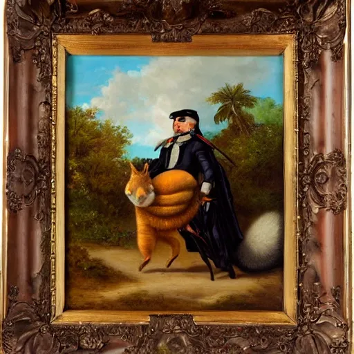 Image similar to a giant fluffy squirrel carrying napoleon bonaparte on its back, beach scene, flowers and foliage, detailed oil painting