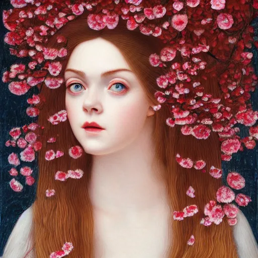 Image similar to professional painting of Elle Fanning in Santorini in the style of Dino Valls and Koson Ohara, head and shoulders portrait, red cherry blossoms, symmetrical facial features, smooth, sharp focus, illustration, intricate, stormy weather, extremely detailed masterpiece,