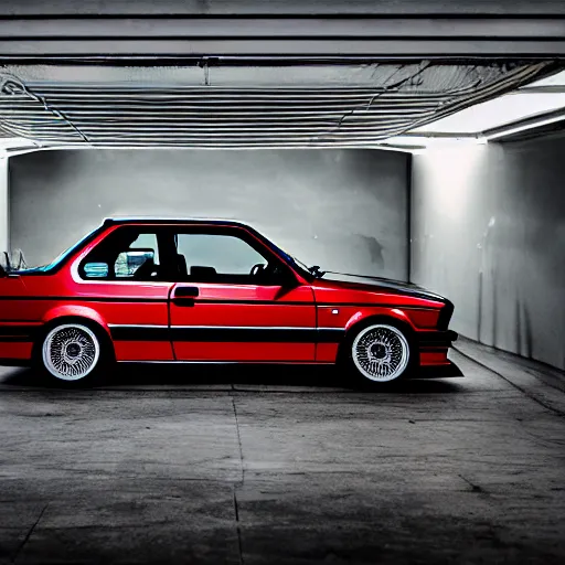 Image similar to a modified bmw e 3 0 with lights on in a futuristic neon parking garage, 3 5 mm photography, car photography, clean lines, realistic