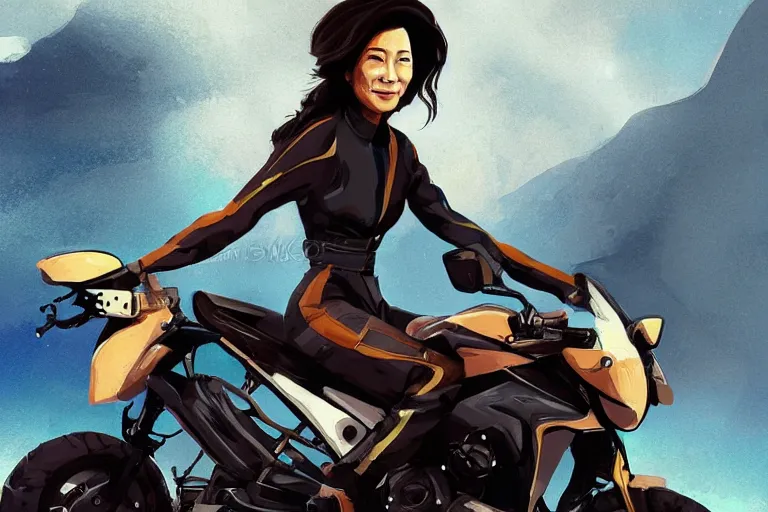 Image similar to michelle yeoh is riding a motorbike, digital painting, artstation, the space background, concept art, illustration,