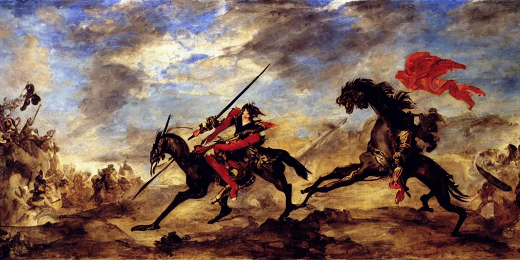 Image similar to knight fighting dragon, art by eugene delacroix