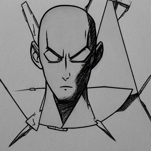 Image similar to schematic drawing of Saitama with pencils and triangle ruler lying next to the drawing