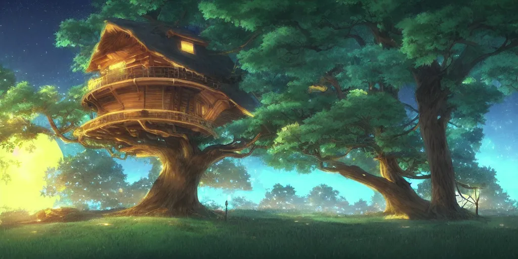 Image similar to beautiful anime painting of a treehouse at nighttime, by makoto shinkai, koto no ha no niwa, artstation, atmospheric.