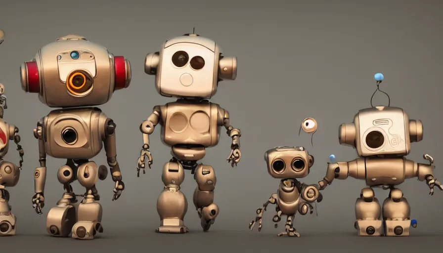 Image similar to very very very cute robots by Max Kostenko and Bobby Chiu, disney, pixar, MPC, Framestore, character design for animation, uplight, a lineup of characters, big disney eyes, symmetrical eyes, cuteness, 3d render, octane rendered, rendered by maya and houdini, highly detailed, unreal engine, Trending on Artstation, octane render, 4k, 8k, HD, oil on Canvas by Elena Zhurikhina and Goro Fujita and Charlie Bowater