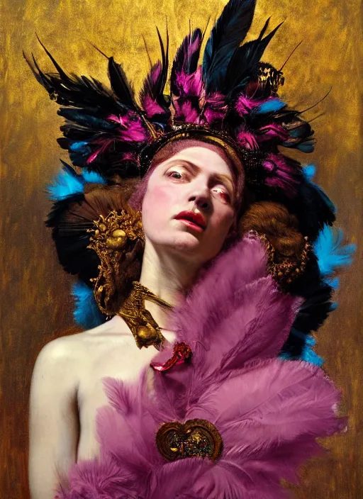 Image similar to highly detailed oil painting | very intricate | cinematic lighting | black, magenta and turquoise color scheme, dark background | the queen of heaven by jake hicks, dressed in feathers | by roberto ferri, by gustav moreau, by singer sargent and klimt, american romanticism, occult art | by austin osman spare, artstation, cgsociety, official art, octane