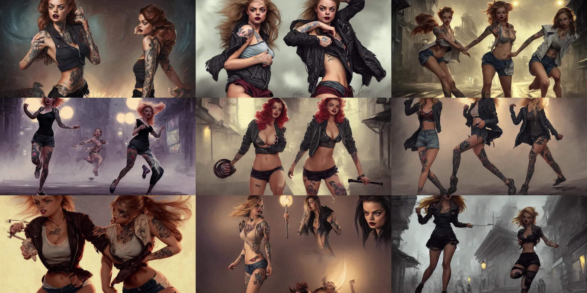 Prompt: tattooed pinup girl samara weaving wearing a jacket and ripped shorts running and fighting in a dark street, character sheet, character design,, contrast, deep focus, turnaround, highly detailed, dramatic lighting, digital painting, artstation, concept art, matte, sharp focus, illustration, elegant, art by artgerm and greg rutkowski and alphonse mucha.