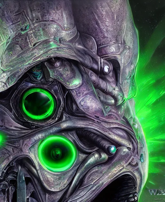 Image similar to a detailed portrait of an evil armoured cyborg alien with glowing green eyes and a crown of jade and topaz crystals by Wayne Barlowe, 4k resolution, photorealistic