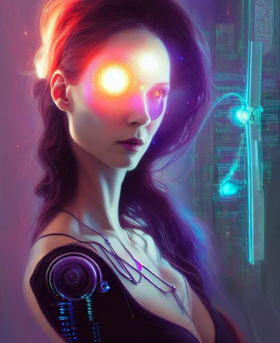 Image similar to a whirlwind of souls rushing inside the metaverse, hologram, half body, neurochip, shaved temple, piercing, jewelry, android, cyborg, cyberpunk face, by loish, d & d, fantasy, intricate, elegant, highly detailed, colorful, digital painting, artstation, concept art, art by artgerm and greg rutkowski and alphonse mucha