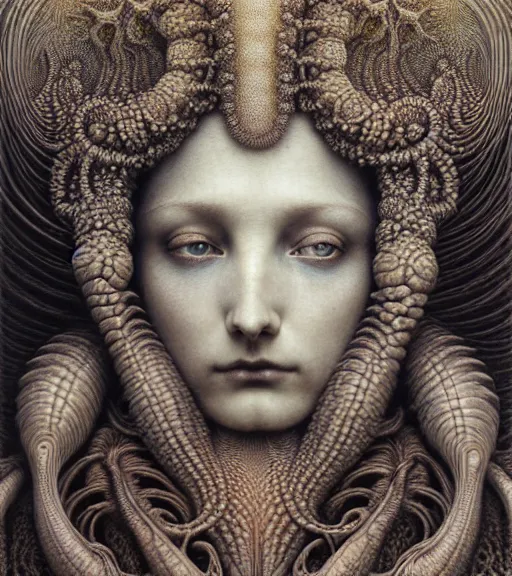 Image similar to detailed realistic beautiful radiant goddess face portrait by jean delville, gustave dore, iris van herpen and marco mazzoni, art forms of nature by ernst haeckel, art nouveau, symbolist, visionary, gothic, neo - gothic, pre - raphaelite, fractal lace, intricate alien botanicals, biodiversity, surreality, hyperdetailed ultrasharp octane render